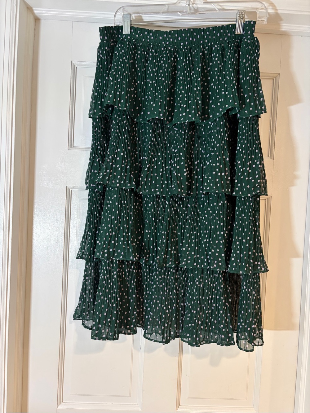 Tiered Midi Skirt in Dark Green Polka Dot